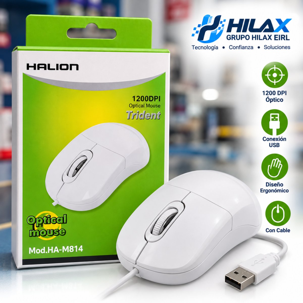 MOUSE HALION HA-M814 TRIDENT USB BLANCO — HILAX.PE Camaná