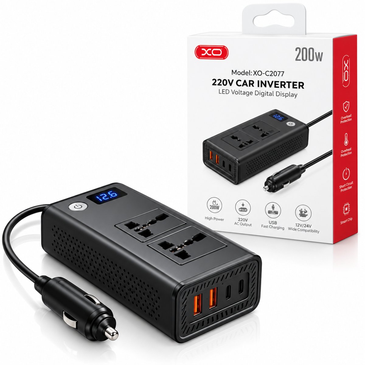INVERSOR DE CORRIENTE XO-CZ027 PARA AUTO 200W — HILAX.PE Camaná