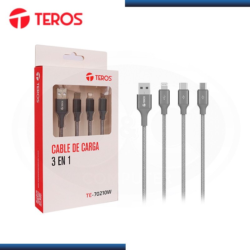 CABLE DATOS 3 EN 1 TEROS TE-70210W, USB A TIPO C/LIGHTNING/MICRO GRIS