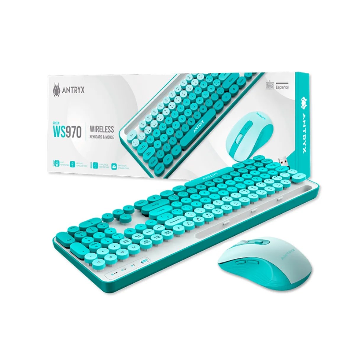 KIT TECLADO Y MOUSE INALAMBRICO ANTRYX WS970 GREEN