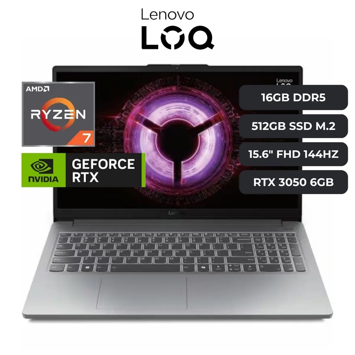NOTEBOOK LENOVO LOQ 15ARP10E, AMD RYZEN 7 7735HS, 16GB RAM DDR5, 512GB SSD, RTX 3050 6GB, 15.6"